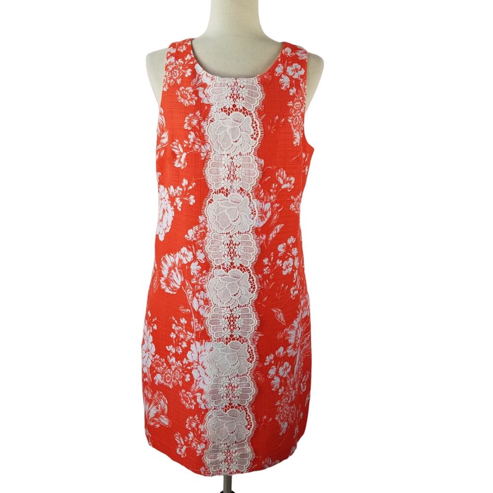 Vince Camuto Coral Orange Poppy White Lace Detail Lined Dress Size 12